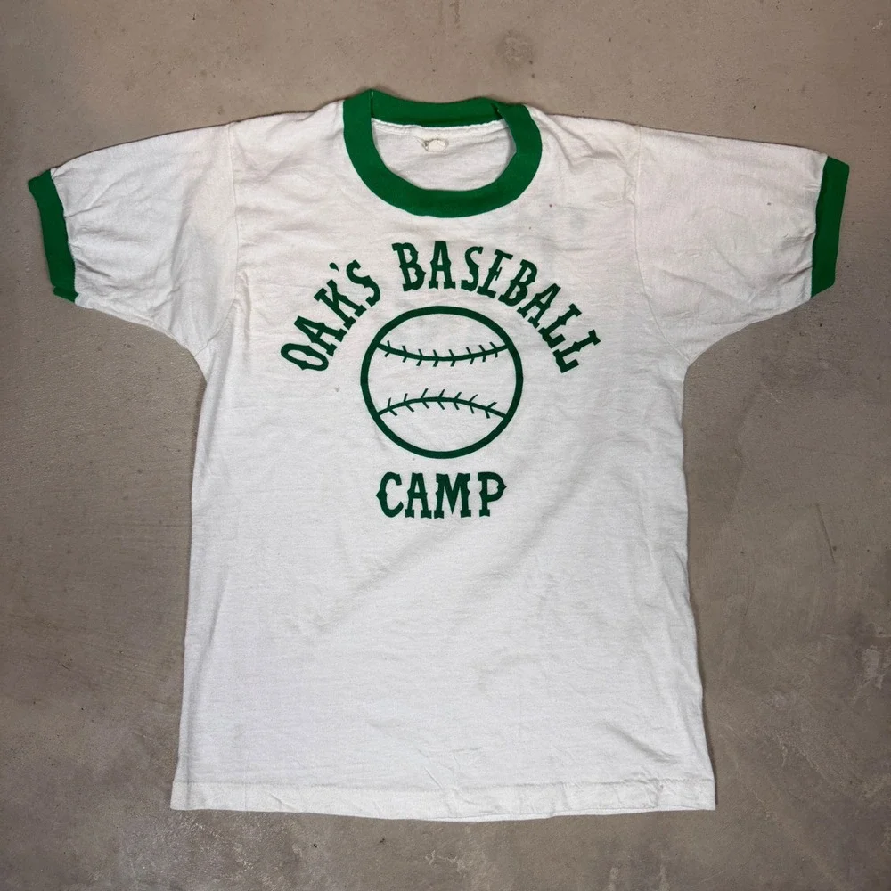 Vintage 80s Oaks Baseball Camp Ringer T-Shirt White Green men's small tight